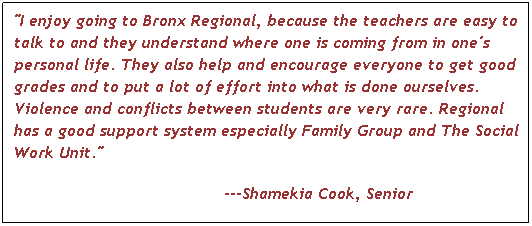 Text Box: "I enjoy going to Bronx Regional, because the teachers are easy to talk to and they understand where one is coming from in one's personal life. They also help and encourage everyone to get good grades and to put a lot of effort into what is done ourselves. Violence and conflicts between students are very rare. Regional has a good support system especially Family Group and The Social Work Unit." 
 ---Shamekia Cook, Senior


